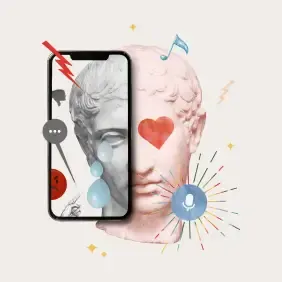 A collage of an old roman sculpture and a smartphone