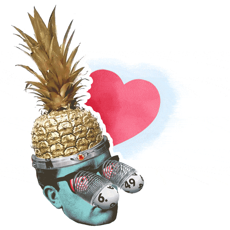 An oulsing heart and a head with a ananas shaped hat.